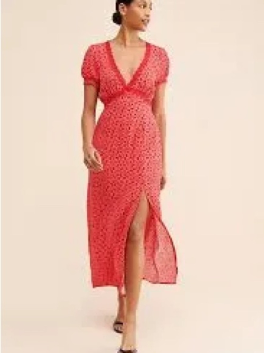 Free People Red V-Neck Midi Dress with Front Slit - Women